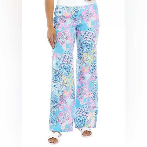 EUC Lilly Pulitzer Beach Mid Rise Linen Palazzo Pants Bali Blue Once Upon Small - Picture 1 of 6